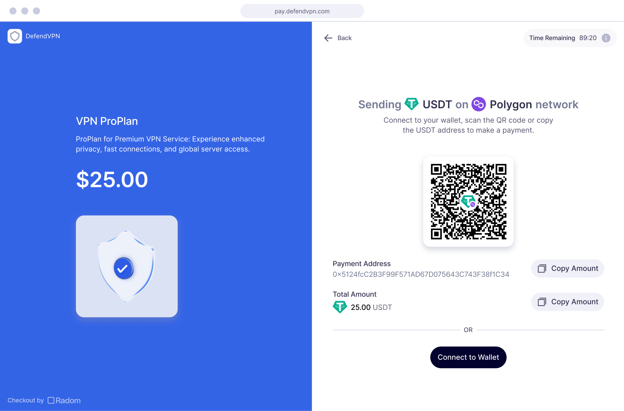 Crypto Checkout by Radom: Displaying a VPN subscription purchase in USDT on the Polygon Network,.